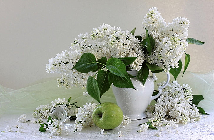 green leafed plant, lilacs, twigs, snow-white, spring, bouquet, apple, HD wallpaper