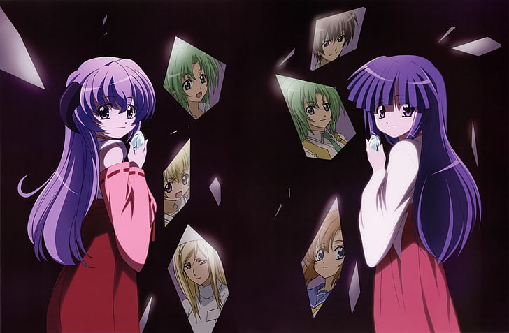 фиолетовые волосы девушки аниме персонажи обои коллаж, higurashi no naku koro ni, девушки, зеркало, отражение, HD обои