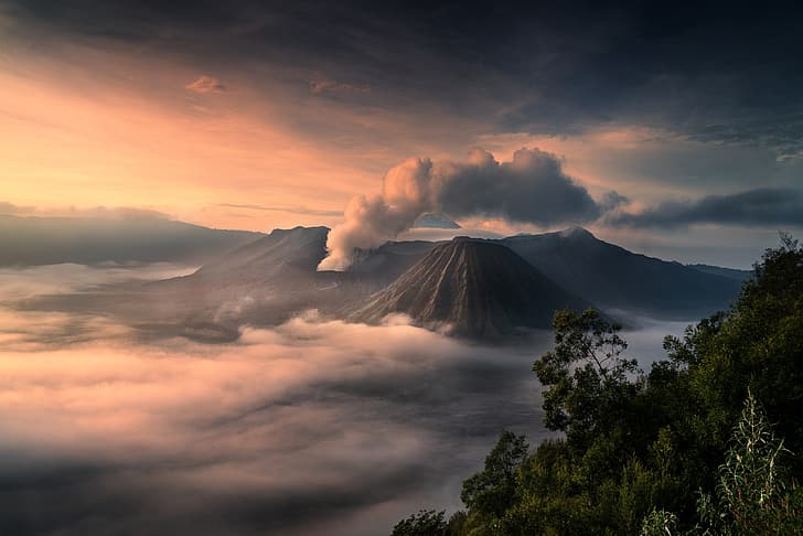 light, fog, ash, smoke, island, morning, Indonesia, Bromo, Java, the island of Java, active volcano, national Park Bromo-TenGer-Semeru, volcanic complex TenGer, HD wallpaper
