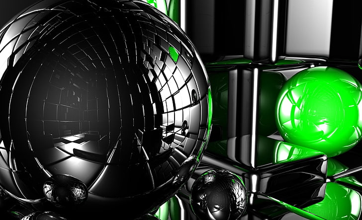 boules noires et vertes, boules, énorme, cube, lumière, Fond d'écran HD