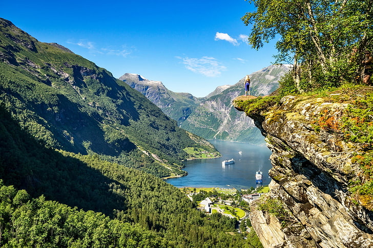 montañas, roca, Noruega, panorama, fiordo, Alesund, Geiranger, Geirangerfjord, río, naturaleza, Fondo de pantalla HD