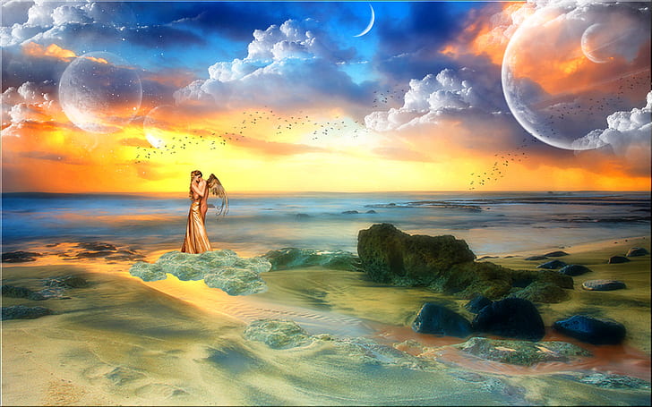 angel, birds, boy, clouds, fantasy, girl, horizon, hugging, love, man, mood, ocean, planets, rocks, sea, sky, wings, HD wallpaper