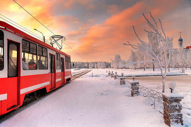 St. Petersburg, musim dingin, salju, kendaraan, trem, Wallpaper HD