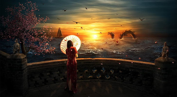 Mirando a Bay, mujer sosteniendo paraguas de papel de aceite de pie hacia el cuerpo de pintura de agua, artístico, fantasía, Fondo de pantalla HD