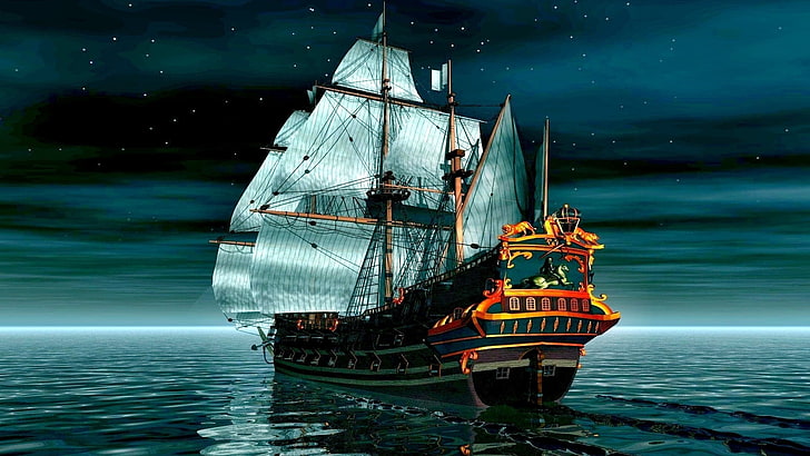 sailing ship, sea, moon rays, night, digital art, HD wallpaper