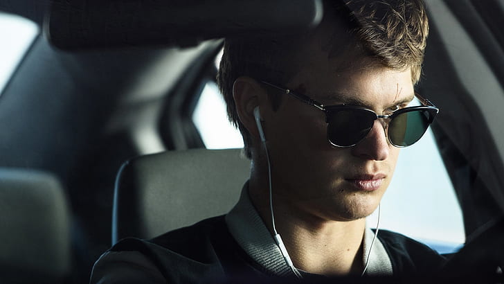 auto, okulary, facet, Ansel Elgort, Baby Driver, Baby on the drive, Tapety HD