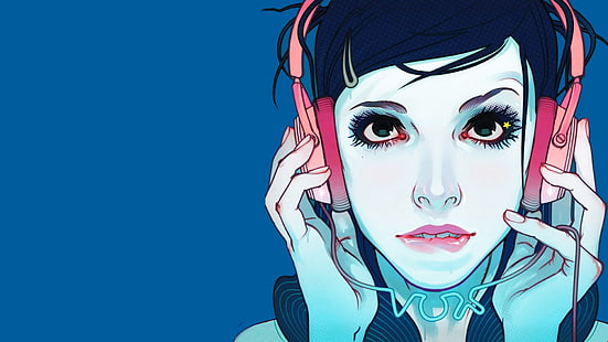Anime Mädchen, Kopfhörer, blau, DubstepGutter, digitale Kunst, Kunstwerk, einfachen Hintergrund, Cyan, blauer Hintergrund, HD-Hintergrundbild HD wallpaper