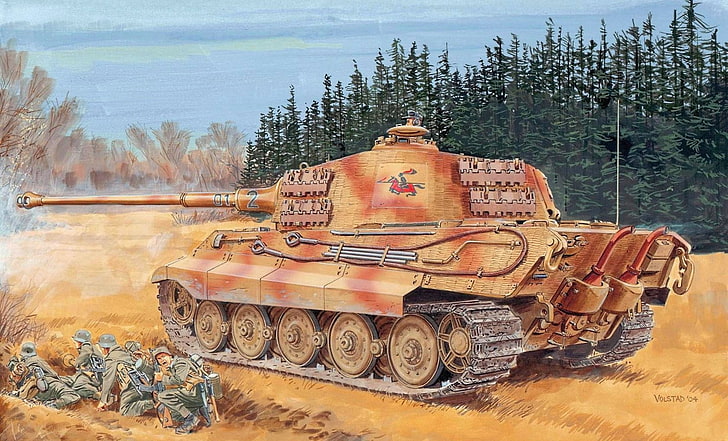 коричневый боевой танк, рисунок, второй мир, немцы, вермахт, тяжелый танк, Рон Волстад, Королевский тигр, Тигр II, Сд.Автомобиль.182, тигр 2, PzKpfw VI Ausf.B, король тигр, с.Pz.Dept.505, турель Хеншеля, 505-й тяжелый танковый батальон, HD обои
