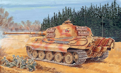 brown battle tank, figur, dunia kedua, Jerman, Wehrmacht, tank berat, Ron Volstad, Royal Tiger, Tiger II, Sd.Mobil.182, harimau 2, PzKpfw VI Ausf.B, Raja harimau, s.Pz.Dept.505, menara henschel, batalion tank berat 505-th, Wallpaper HD HD wallpaper