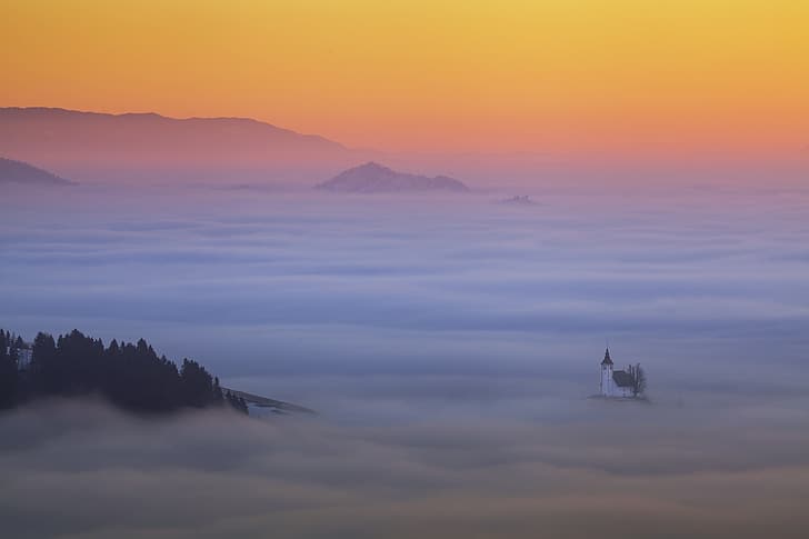 the sky, light, mountains, fog, the evening, morning, Church, HD wallpaper