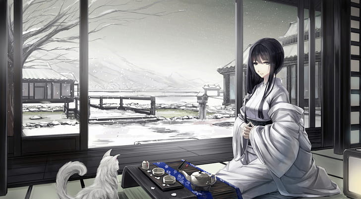 winter, cat, girl, snow, mountains, house, art, the tea party, kimono, sitting, kikivi, HD wallpaper
