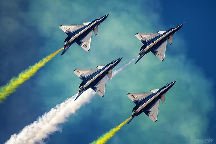 Smoke, Fighter, Aerobatic team, Chengdu J-10, AIR FORCE CHINA, August 1st aerobatic team, HESJA Air-Art Photography, Changchun Airshow 2019, HD wallpaper