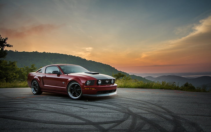 red Ford Mustang coupe, ford mustang, gt, side view, HD wallpaper