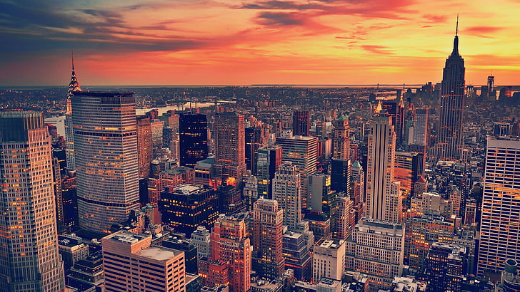 ภาพถ่ายทางอากาศอาคารนิวยอร์กซิตี้ทิวทัศน์เมืองนิวยอร์กพระอาทิตย์ตก, วอลล์เปเปอร์ HD