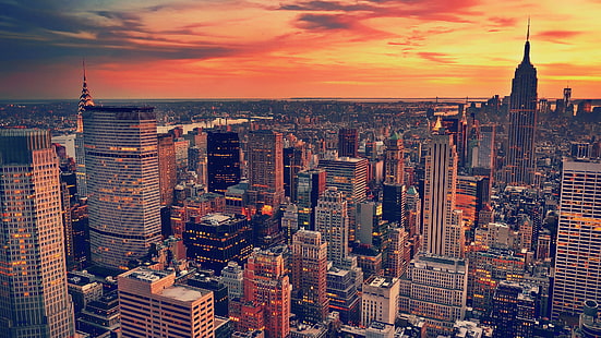 foto udara melihat gedung Kota New York, Cityscape, Kota New York, matahari terbenam, Wallpaper HD HD wallpaper