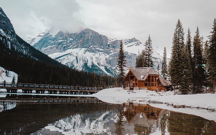 house, forest, Canada, sky, trees, nature, bridge, winter, mountains, lake, snow, landscapes, fog, reflection, walkway, cloudy, tourists, 2k hd background, 