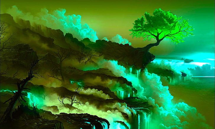 grönt bladfoto, digital konst, natur, lava, körsbärsblom, fantasikonst, rök, landskap, träd, HD tapet