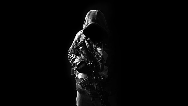 person with gun illustration, weapons, hood, male, assault rifle, HD wallpaper