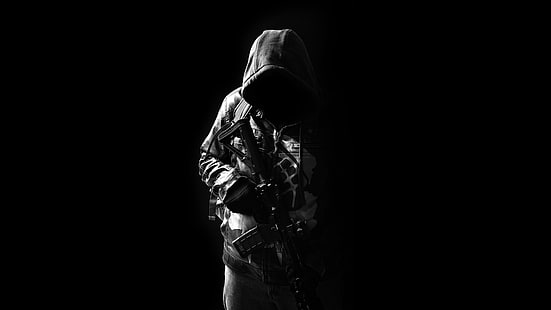 человек с пистолетом иллюстрации, оружие, капюшон, мужчина, штурмовая винтовка, HD обои HD wallpaper