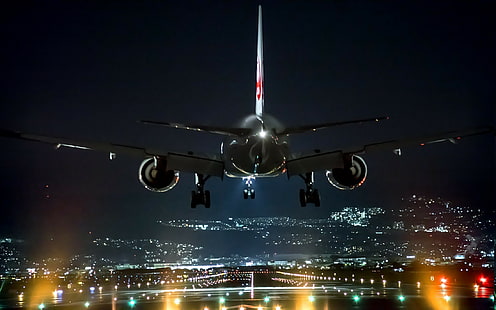 paisaje noche aeropuerto avión luces aterrizaje tecnología osaka japón paisaje urbano, Fondo de pantalla HD HD wallpaper