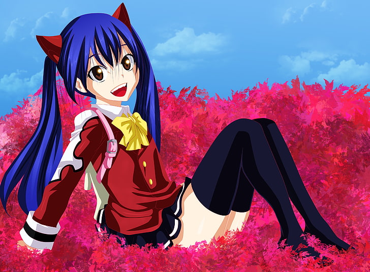 ilustrasi karakter anime wanita berambut biru, langit, lihat, daun, gadis, awan, senyum, kaki, stocking, duduk, anime, seni, ekor peri, marvell wendy, eikens, Wallpaper HD