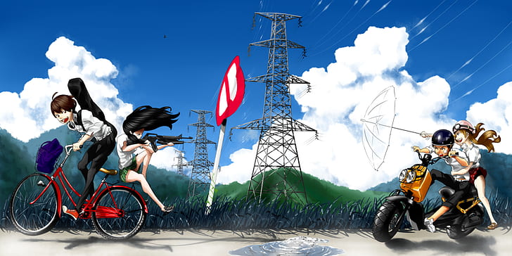 the sky, grass, clouds, mountains, birds, nature, bike, weapons, girls, the wind, sign, wire, guitar, anime, headphones, moped, art, glasses, machine, helmet, bag, guys, friends, students, the patch, pikushibuaidhy, HD wallpaper