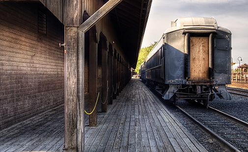 Старый вокзал, серый поезд, винтаж, вокзал, железная дорога, HD обои HD wallpaper