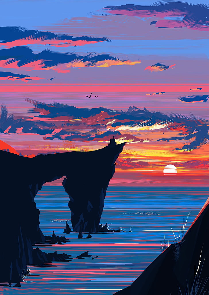 acantilado de montaña bajo la hora dorada, puesta de sol, ilustración, Fondo de pantalla HD, fondo de pantalla de teléfono