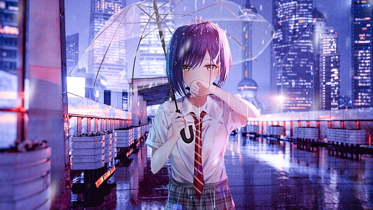 kvinnlig anime karaktär digital tapet, Anime, Darling in the FranXX, Girl, Ichigo (Darling in the FranXX), Rain, Paraply, HD tapet