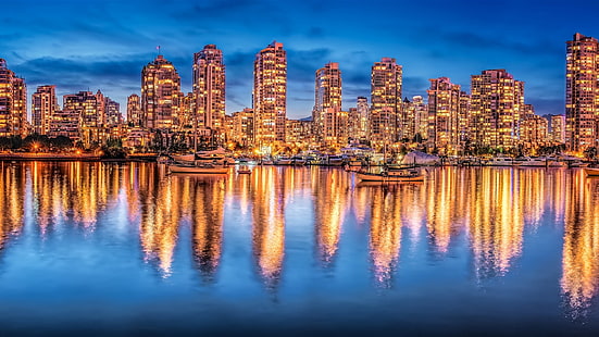 Vancouver, Canada, night city, lights, buildings, yachts, water reflection, Vancouver, Canada, Night, City, Lights, Buildings, Yachts, Water, Reflection, HD wallpaper HD wallpaper