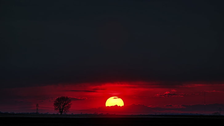 赤い夕日、風景、夕日、日光、 HDデスクトップの壁紙