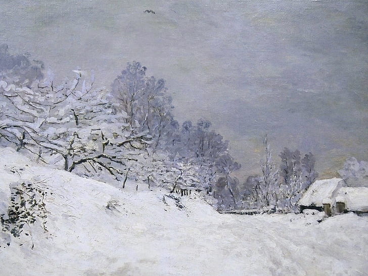 snow, landscape, picture, Claude Monet, The road to the Farm Saint-Simeon in Winter, HD wallpaper