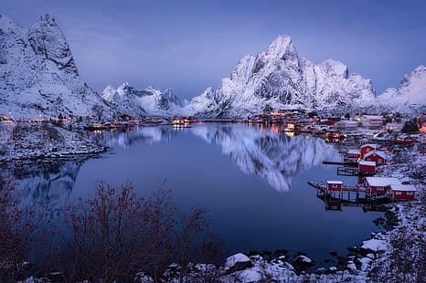 montagnes, réflexion, village, Norvège, maisons, le fjord, les îles Lofoten, îles Lofoten, pur, le Rhin, Fond d'écran HD HD wallpaper