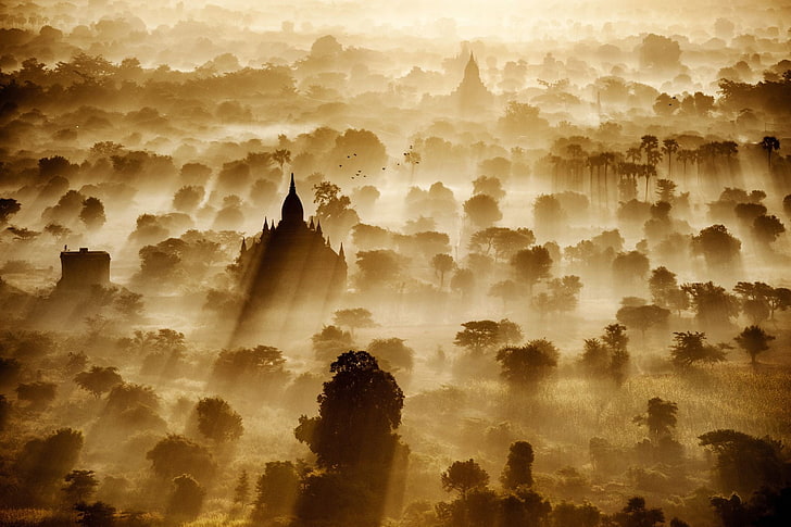 temple surrounded by trees digital wallpaper, sun rays, Bagan, temple, artwork, Burma, Myanmar, landscape, trees, nature, sunlight, HD wallpaper