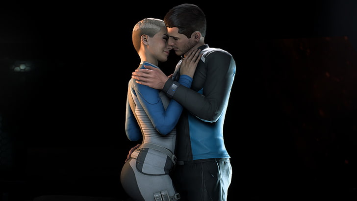 пара собирается поцеловать цифровые обои, Mass Effect: Андромеда, Райдер, Кора Харпер, HD обои