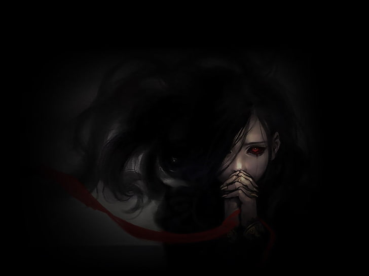ilustração feminina de cabelos pretos, escuro, gótico, chorando, garota de fantasia, fundo preto, rosto, horror, HD papel de parede