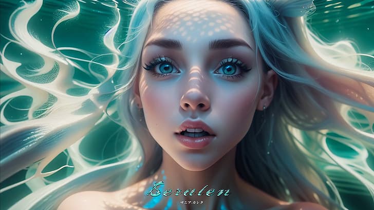 Mania Carta, CGI, women, turquoise eyes, surprised, mermaids, portrait, HD wallpaper