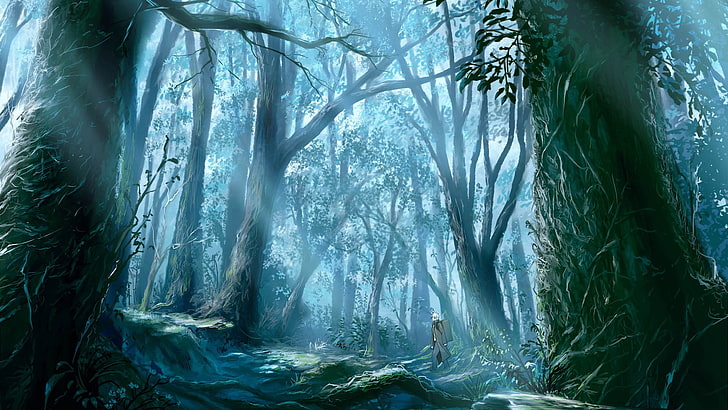 forest wallpaper, anime, fantasy art, Mushishi, Ginko (Mushishi), artwork, forest, cyan, HD wallpaper