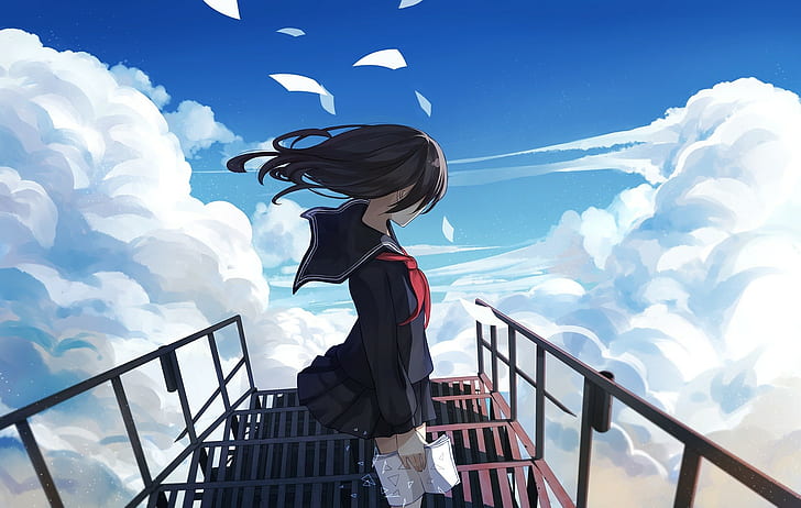clouds, paper, school uniform, stairs, heights, sky, anime, anime girls, black hair, HD wallpaper