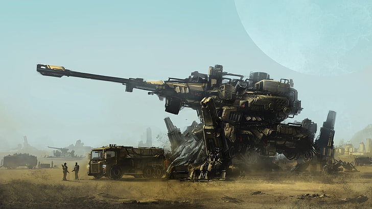 gray robot illustration, grand canon and vehicle illustrations, artwork, tank, concept art, war, soldier, futuristic, mech, science fiction, weapon, HD wallpaper