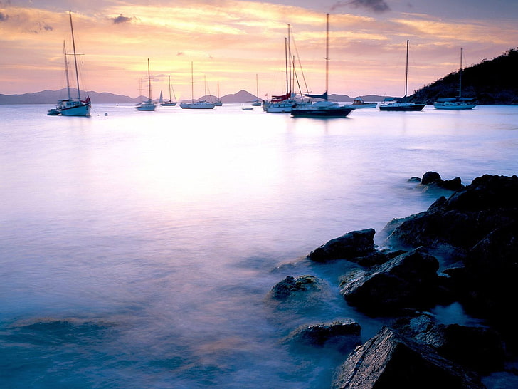 paisaje, barco, mar, rocas, costa, bahía, Fondo de pantalla HD