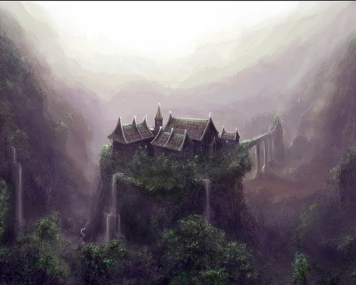domy na górze z ilustracją mostu, sztuka fantasy, sztuka cyfrowa, piksele, dzieło sztuki, zamek, upadek, mgła, las, wodospad, Tapety HD
