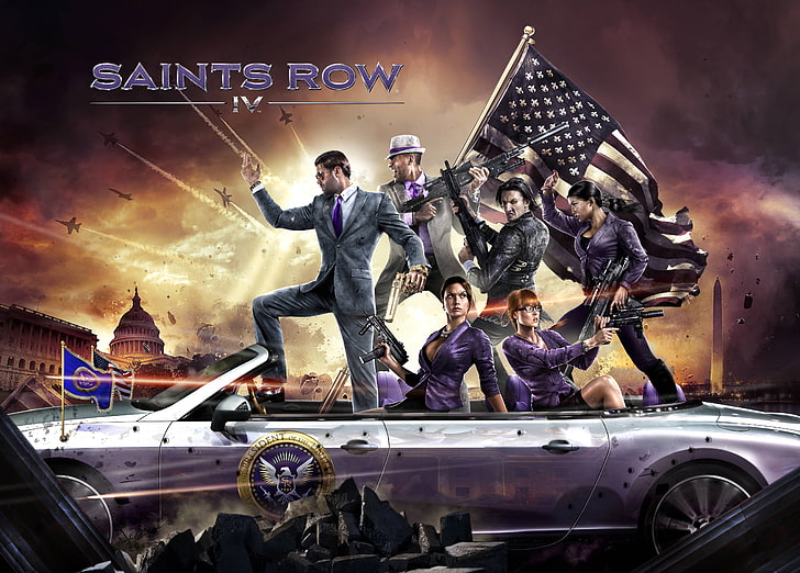 Saints Row 4 oyunu duvar kağıdı, silah, bayrak, araba, karakterler, Washington, Deep Silver, Saints Row 4, HD masaüstü duvar kağıdı