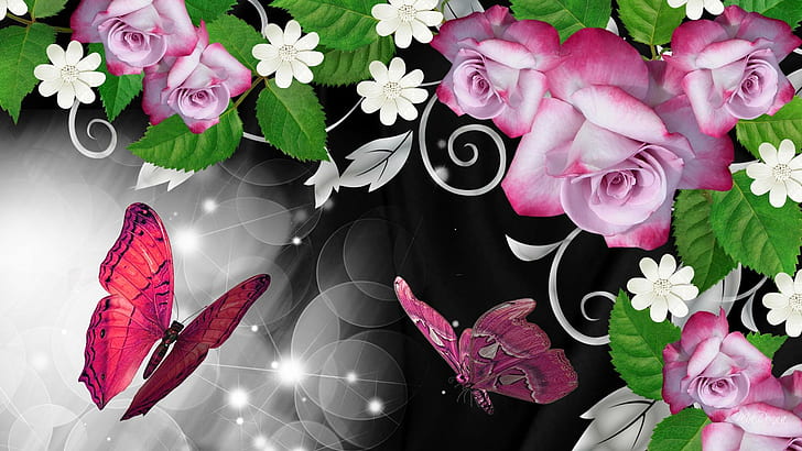Pink Roses Butterfly Shine, white, pink flower and butterfly animated illustration, exciting, histrionic, marvelous, papillon, eye-opening, dramaturgical, wondrous, fabulous, sensation, HD wallpaper