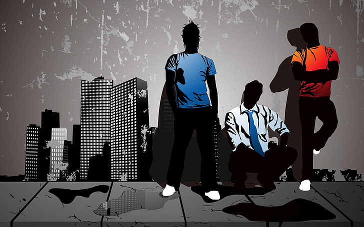 three men leaning on wall illustration, boys, city, color, graphics, vector, HD wallpaper