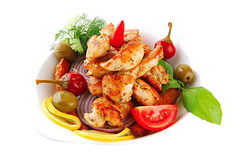 Schüssel gekochtes Essen Gericht, Teller, Obst, Fleisch, Gemüse, weißer Hintergrund, HD-Hintergrundbild HD wallpaper