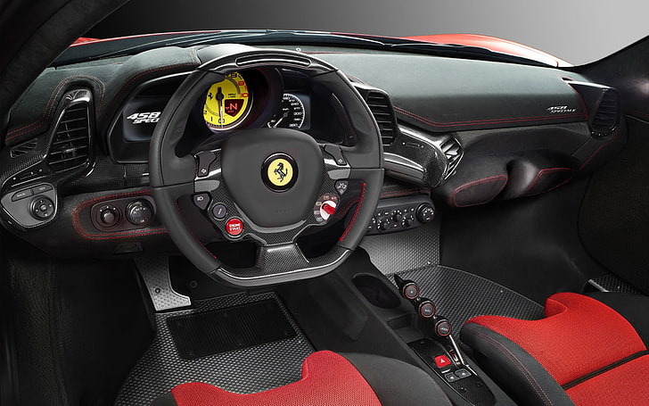 2013 Ferrari 458 Italia Speciale Car HD Wallpaper .., black and red Ferrari vehicle interior, HD wallpaper