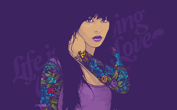 animated illustration of woman with full sleeve tattoos, Adobe Illustrator, Jared Nickerson, digital art, tattoo, HD wallpaper