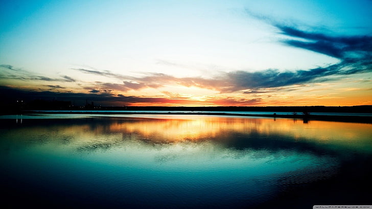 body of water, landscape, lake, sunset, sky, clouds, HD wallpaper