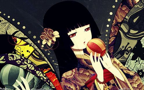 Enma Ai, Jigoku Shoujo, animeflickor, svart hår, långt hår, ballong, blommor, HD tapet HD wallpaper